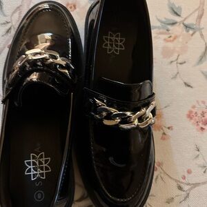 Serra Black Patent Loafers with Silver Chain Accent